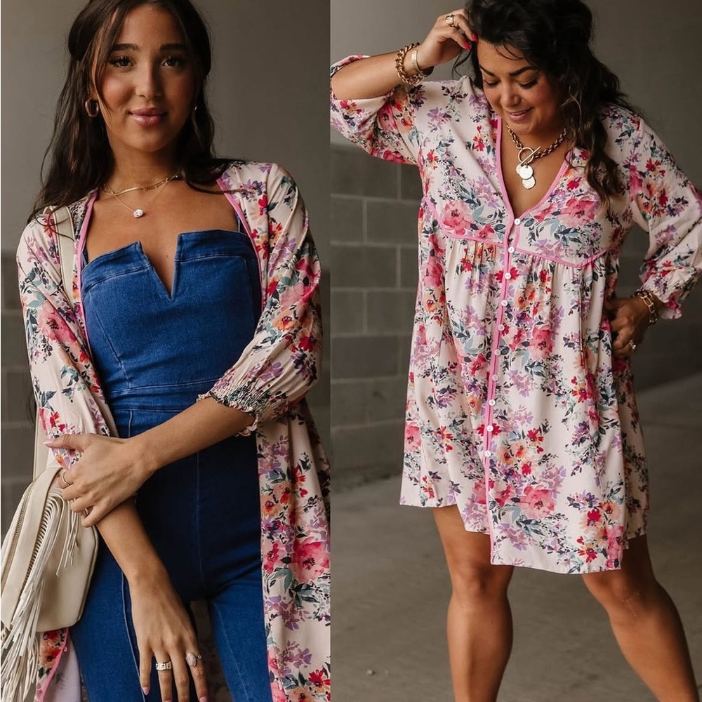 Mindy Mae’s Floral Pink and White Kimono Cardigan/dress